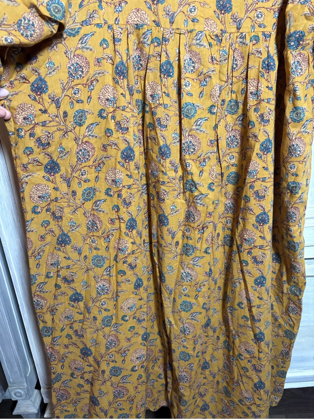 Golden Ochre Floral Block Print Empire Flowy Midi Dress European Effortless Boho - Picture 6 of 9